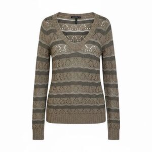 Guess Striped Wool Blend Open Knit Metallic V-Neck Sweater Taupe Gray Size Small